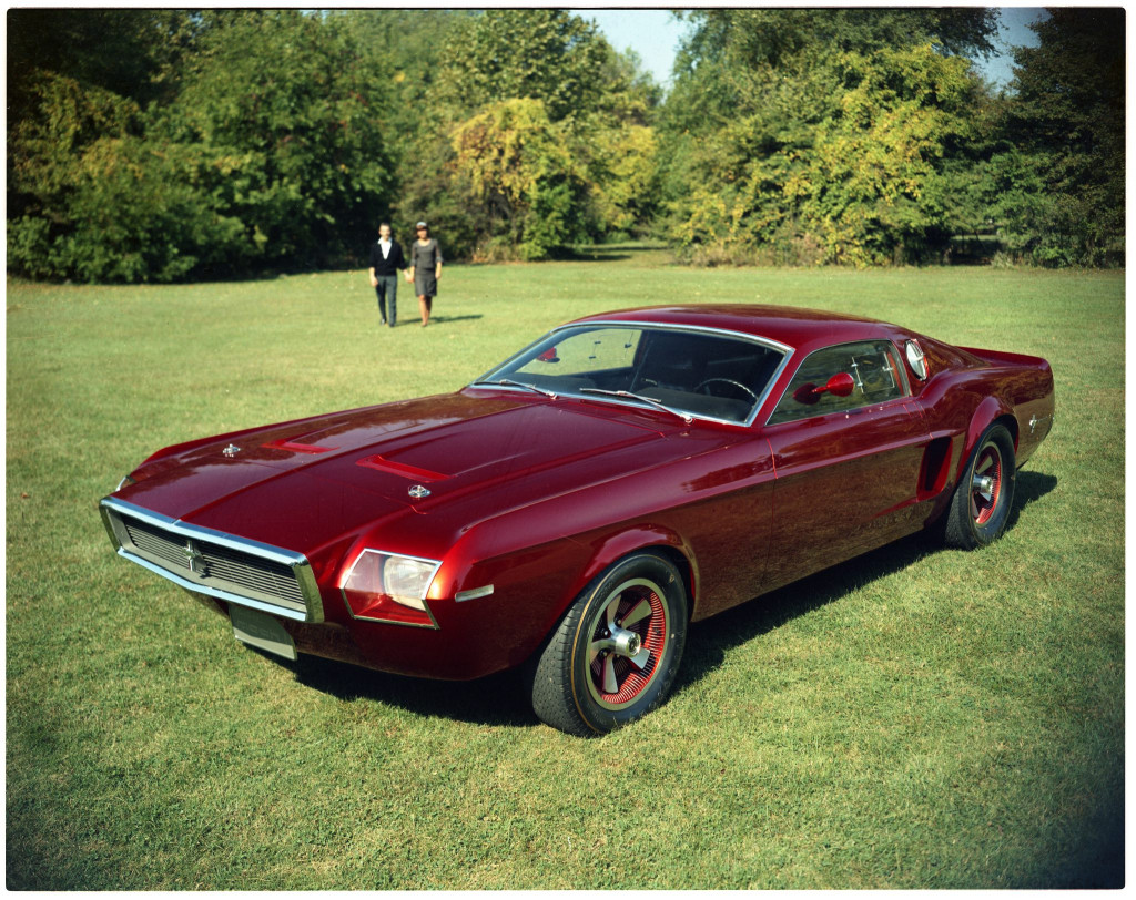 For the 1968 auto show season, the designers crafted a new front end that took inspiration from the 1963 Mustang II concept with its covered headlights and chrome rimmed protruding grille. (Courtesy of Ford Motor Company)