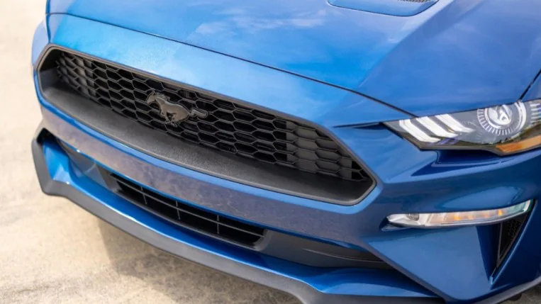 The grille of the 2022 Ford Mustang Stealth Edition shown in closeup