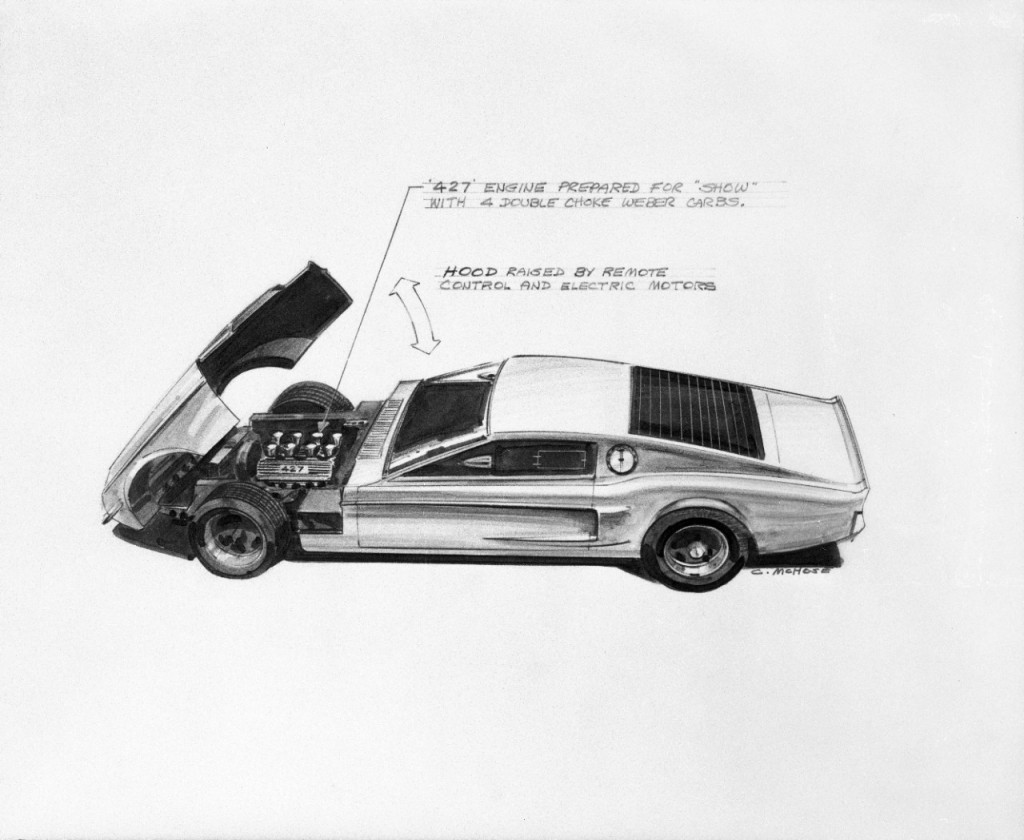 In this early design sketch, the front bodywork formed a single piece hinged at the front to expose the engine compartment. A 427-cubic inch V8 with four carburetors was meant to power the concept. (Courtesy of Ford Motor Company)