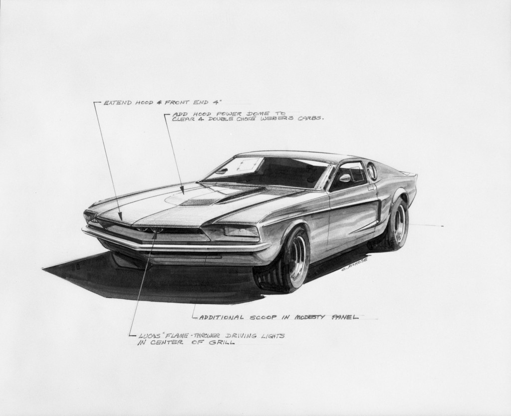 The power-dome hood in this sketch is very similar to the design on the 2010-2011 Mustang. (Courtesy of Ford Motor Company)