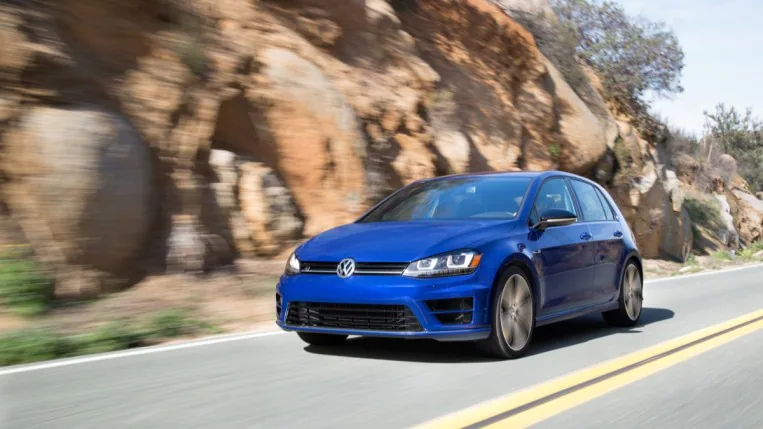 The 2016 Volkswagen Golf R seen from a front quarter angle