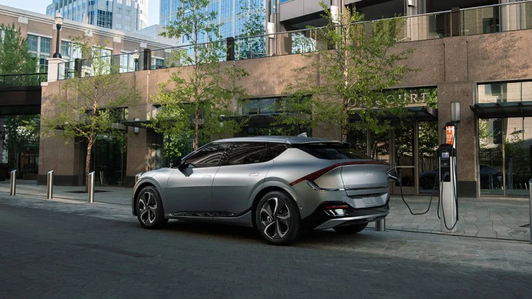 2022 Kia EV6 charging in the city.