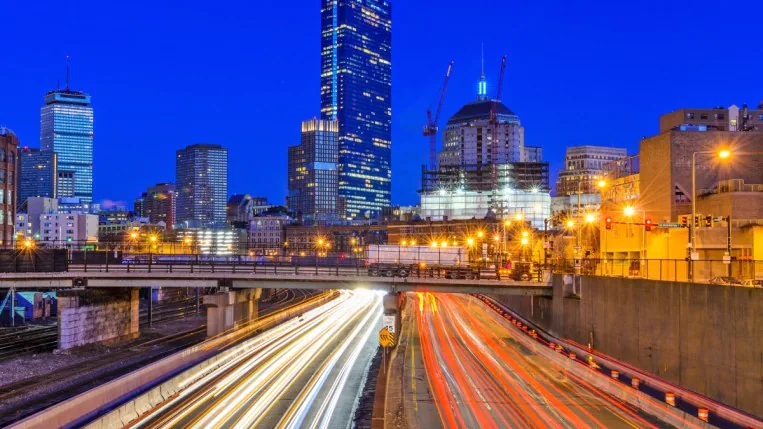 A long-exposure photo of Boston traffic in 2022
