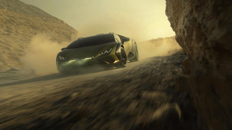 The Lamborghini Huracán Sterrato seen from a front quarter angle in off-road testing