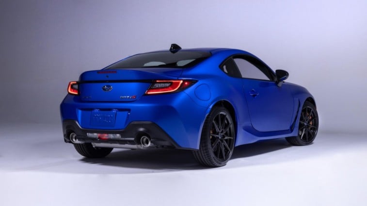 The 2024 Subaru BRZ tS seen from a rear quarter angle