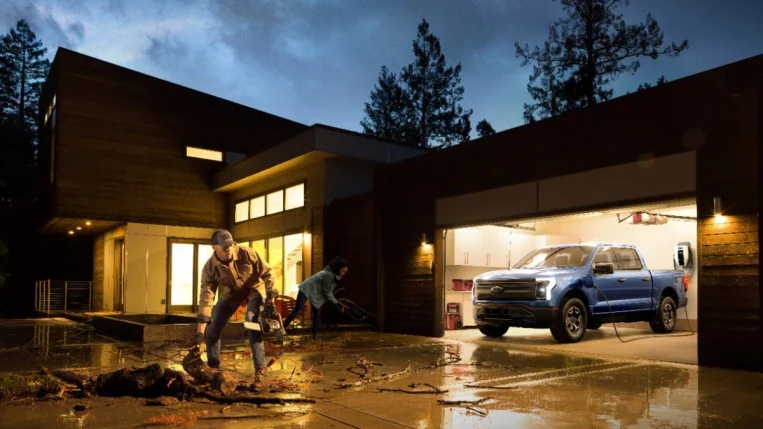 A Ford F-150 Lightning provides power to a home during a blackout
