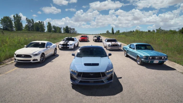 Seven generations of Ford Mustang.